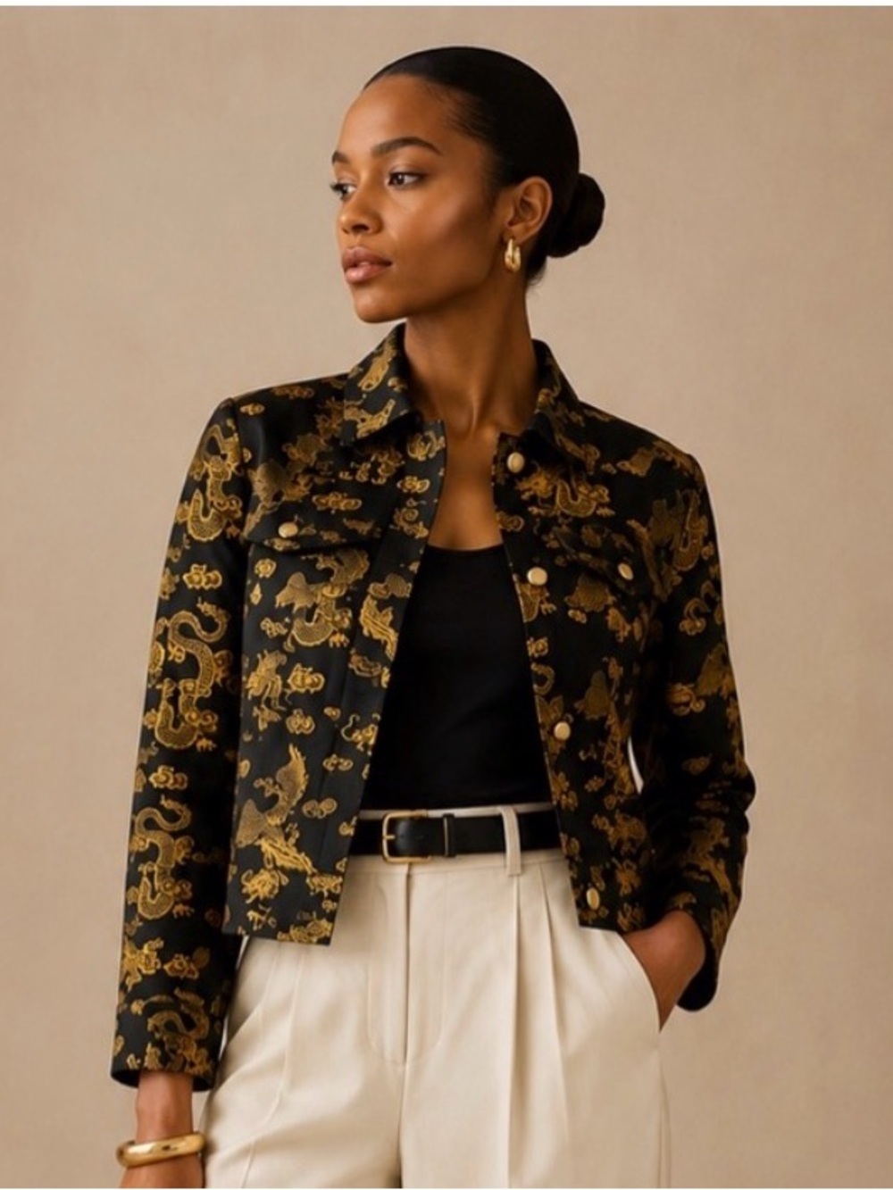 Maggie L 100% Silk Dragon Phoenix Cropped Jacket Black Gold Vintage Size 14
